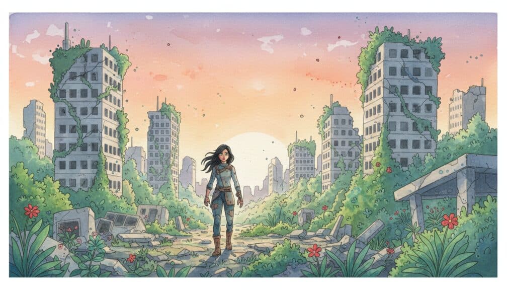 Joven caminando entre rascacielos en ruinas cubiertos de vegetación en un mundo postapocalíptico.
