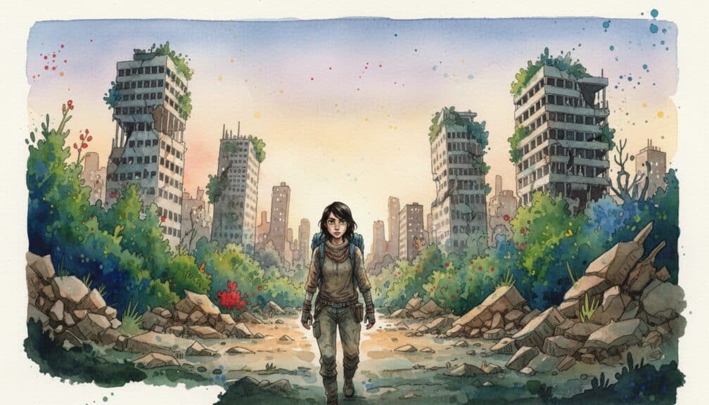 Superviviente solitaria entre edificios colapsados y naturaleza salvaje en una ciudad desierta.