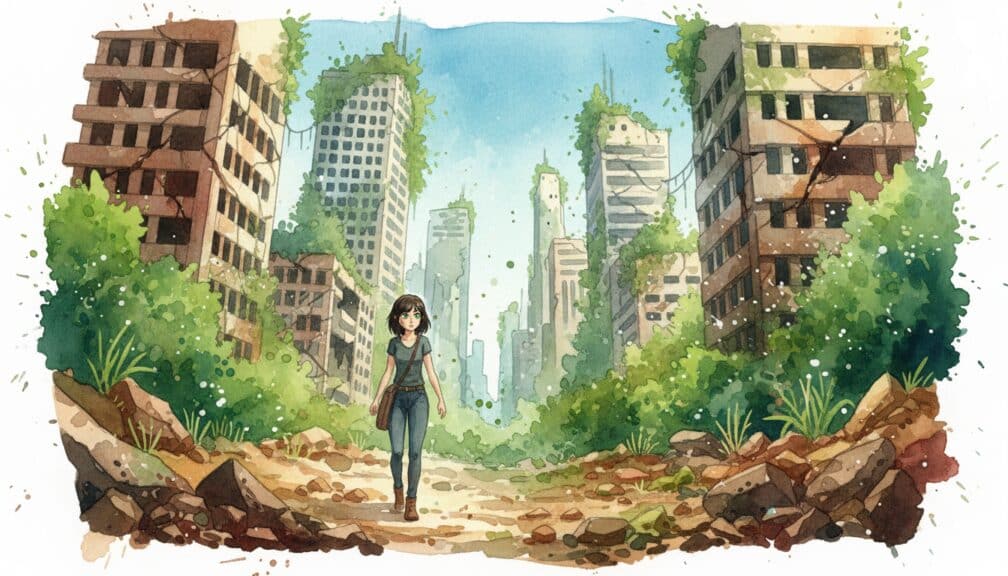 Superviviente entre rascacielos cubiertos de plantas en una ciudad en ruinas bajo el sol.