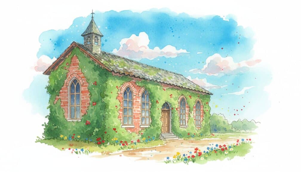 Acuarela de una capilla antigua de ladrillo rojo cubierta de enredaderas y rodeada de flores bajo un cielo despejado.