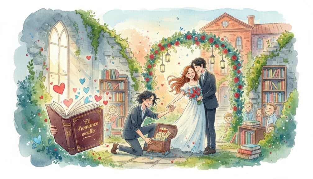 Acuarela de una boda celebrada en un jardín rodeado de libros y ruinas antiguas, con los recién casados bajo un arco floral.