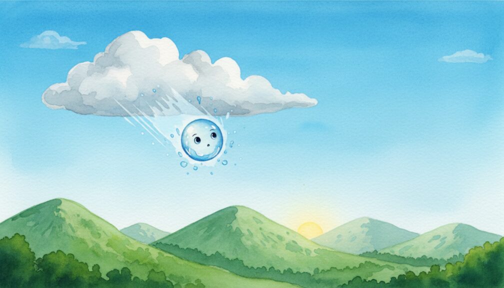 Gota de lluvia con rostro sonriente descendiendo desde una nube sobre montañas verdes, ilustración en acuarela.
