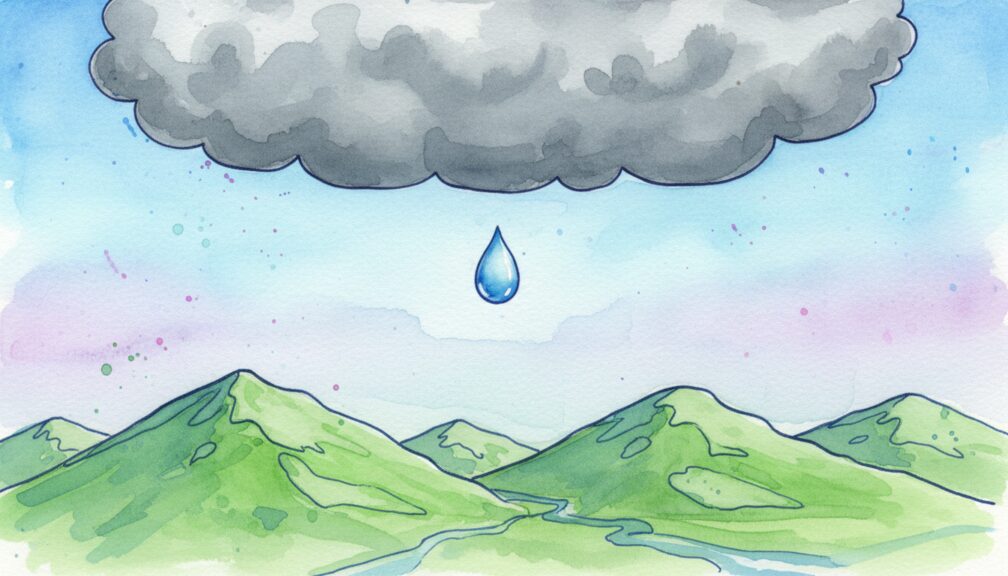 Gota de lluvia cayendo desde una nube gris oscura sobre montañas y un río, ilustración en acuarela.
