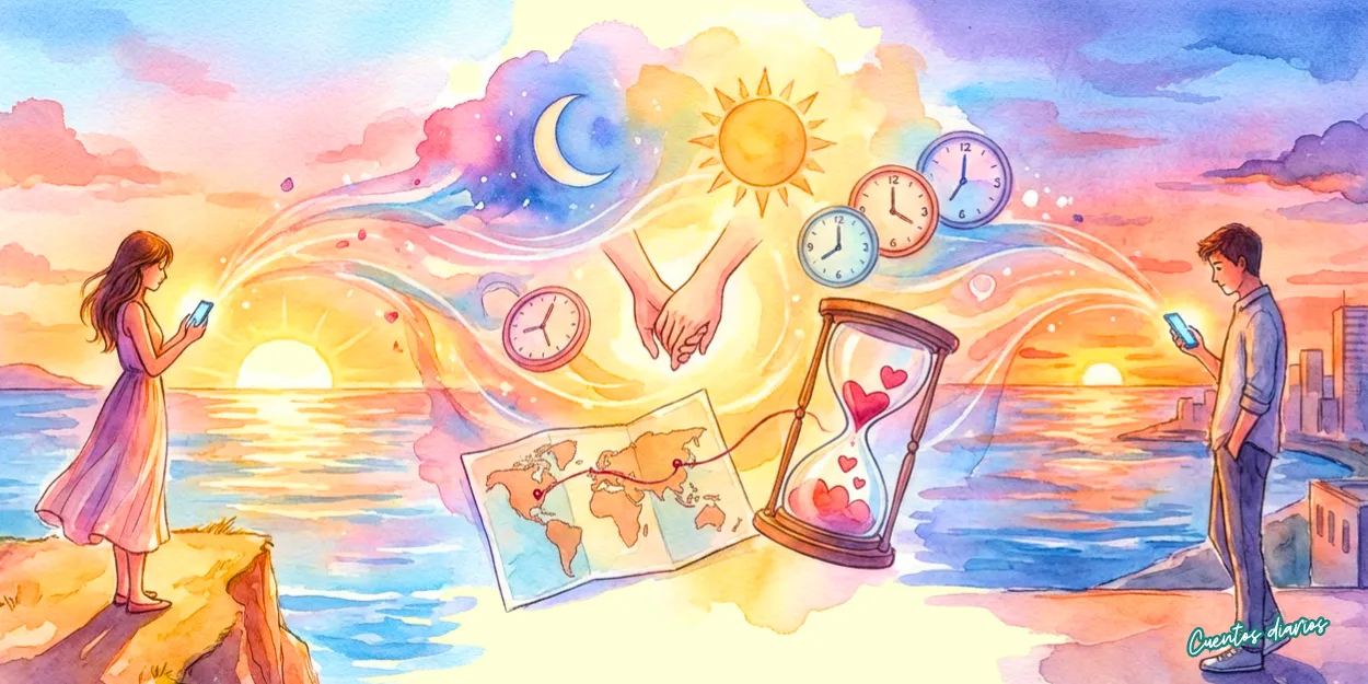 Dibujo en acuarela de una pareja comunicándose por videollamada y mensajes desde lugares distintos, simbolizando el amor a distancia.