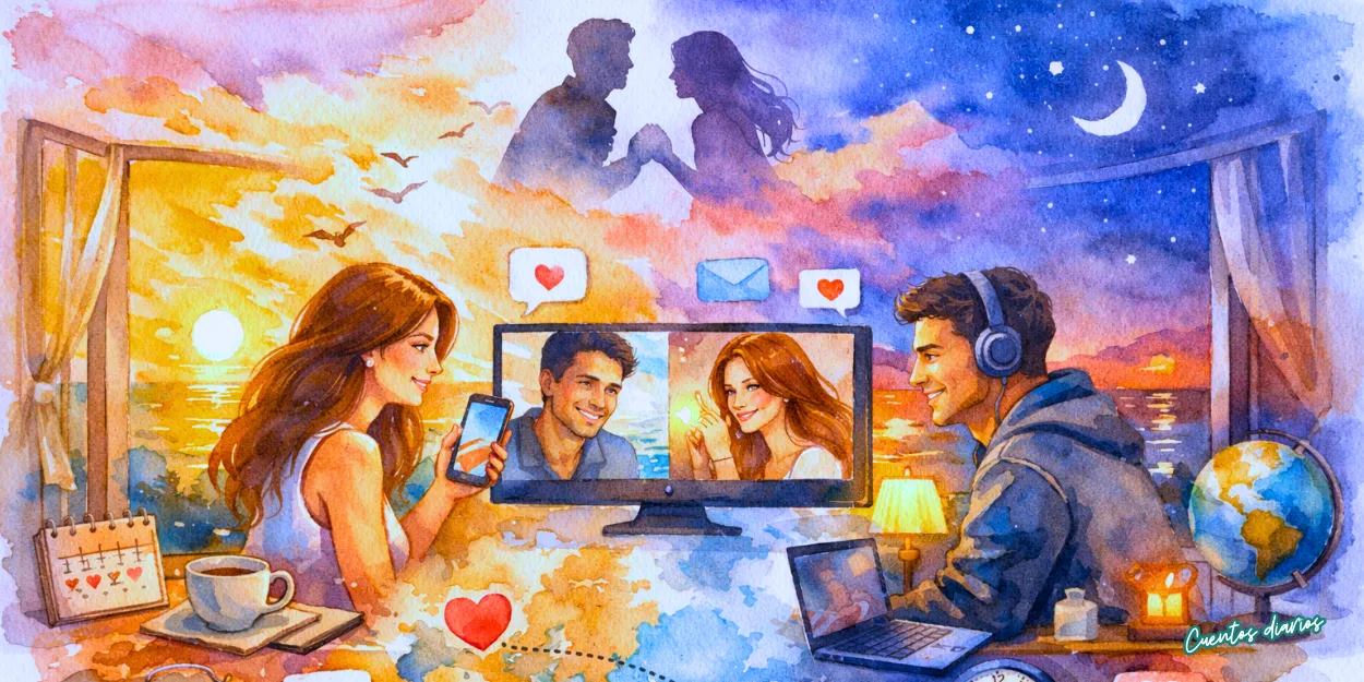 Ilustración en acuarela que representa una pareja separada por el océano con relojes, mapa del mundo y manos entrelazadas como símbolo de amor.