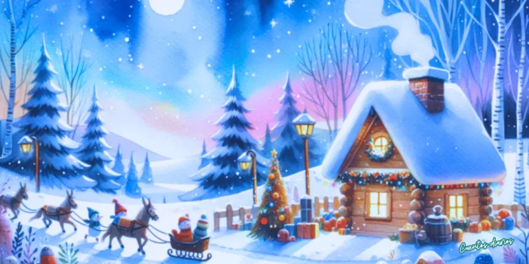 Dibujo en acuarelas de una cabaña de madera decorada con luces y regalos de Navidad en un bosque nevado, con trineo tirado por ciervos.