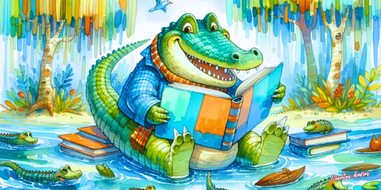 Dibujo en acuarelas de un cocodrilo en el río aprendiendo a leer.