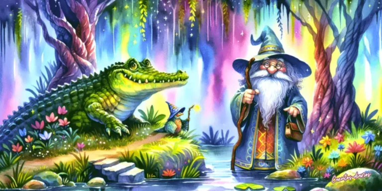 Dibujo en acuarela de un cocodrilo verde junto a un hechicero en un pantano mágico con árboles luminosos y agua tranquila.
