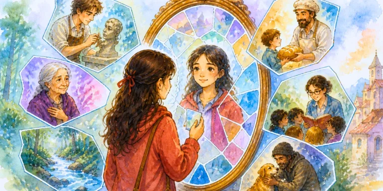 Dibujo en acuarela de Lucía frente a un espejo formado por fragmentos que reflejan escenas de empatía, aprendizaje y crecimiento personal en un entorno suave y minimalista.