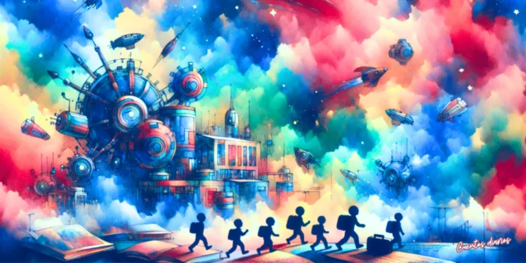 Dibujo en acuarela de niños viajando a una ciudad futurista con naves voladoras y edificios tecnológicos.