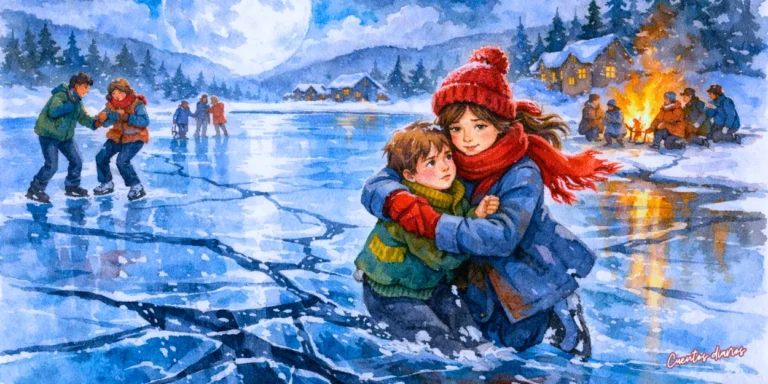 Dibujo en acuarela de una niña abrazando a un niño sobre un lago congelado agrietado, con gente patinando y una fogata al fondo.