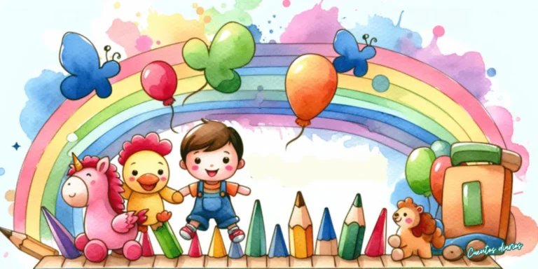 Dibujo en acuarela infantil con niño sonriente, arco iris, globos, lápices de colores y juguetes que representan sueños dulces y fantasía.