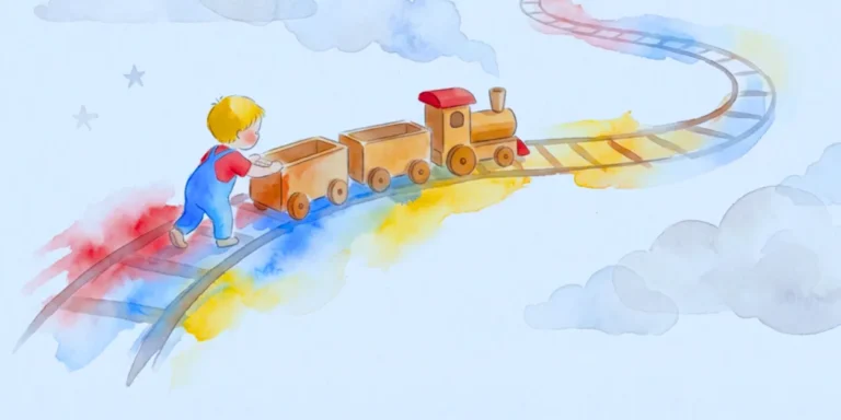 Dibujo en acuarela de un niño empujando un tren de madera sobre una vía que atraviesa nubes y colores