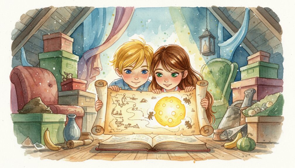 Dibujo en acuarela de dos niños observando un mapa de la luna de queso en un ático lleno de cajas y objetos antiguos.