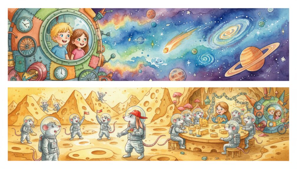 Ilustración infantil en acuarela de ratones astronautas en una luna de queso con niños exploradores y de una nave espacial infantil viajando entre planetas de colore.