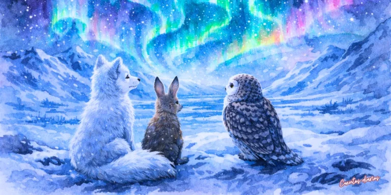 Dibujo en acuarelas de un zorro ártico, liebre y búho contemplando una aurora boreal sobre paisaje nevado.