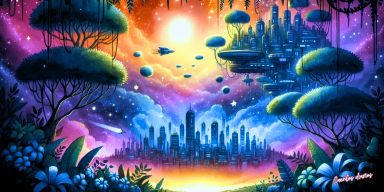 Dibujo en acuarela de Altaplata, la ciudad flotante sobre un planeta lleno de luz y misterio.