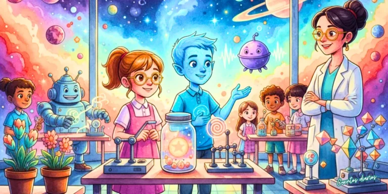 Niños alienígenas y humanos presentando proyectos científicos en una feria interplanetaria con profesora observando.