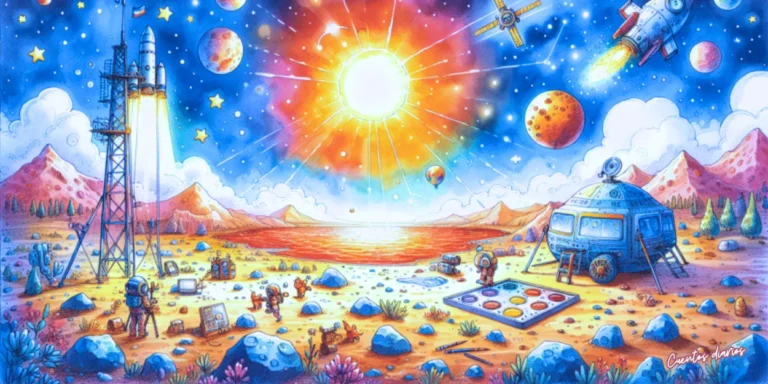 Ilustración infantil en acuarela de una base científica en Marte frente a un lago rojo brillante bajo un cielo estrellado.