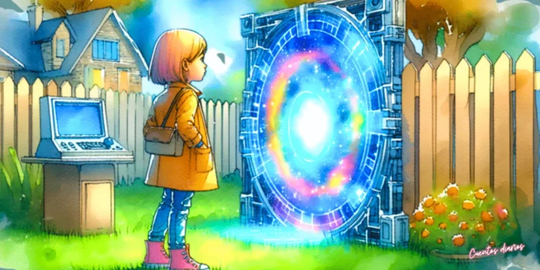 Ilustración en acuarela de una niña observando un portal interdimensional brillante en el jardín de su casa, rodeada de tecnología e imaginación.