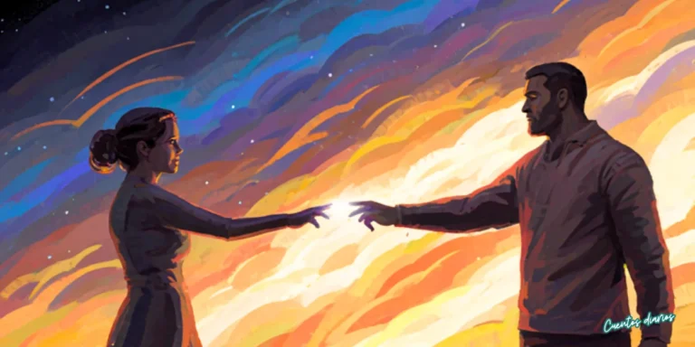 lustración simbólica de dos personas extendiendo sus manos para tocarse sobre un fondo de colores que representan el tiempo y el destino.