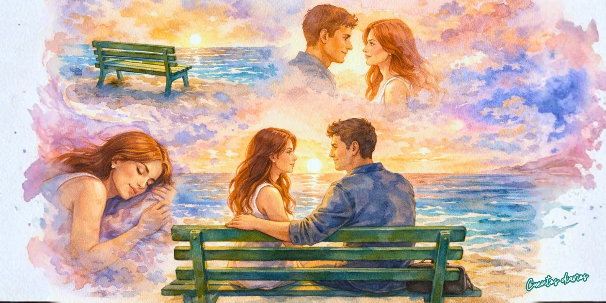 Cuento muy corto: "La nostalgia del futuro" 13 Dibujo en acuarela de una pareja sentada en un banco verde frente al mar al atardecer, simbolizando un amor esperado.