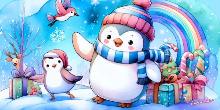 Dibujo en acuarela de pingüinos felices con gorros de invierno rodeados de regalos, arcoíris y árboles nevados.