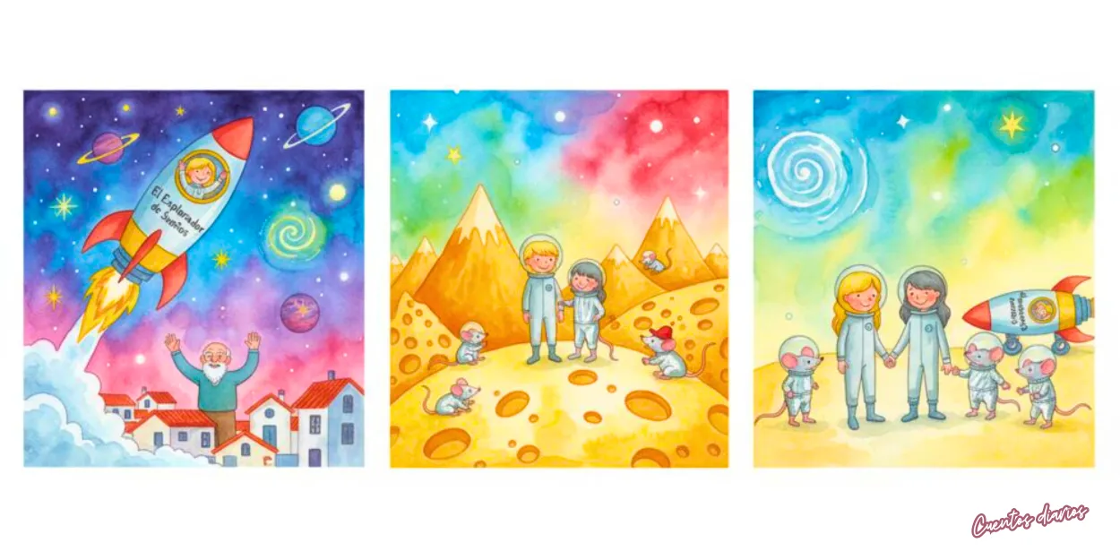 Ilustración infantil en acuarela de un viaje espacial a la luna de queso con niños astronautas y ratones espaciales.