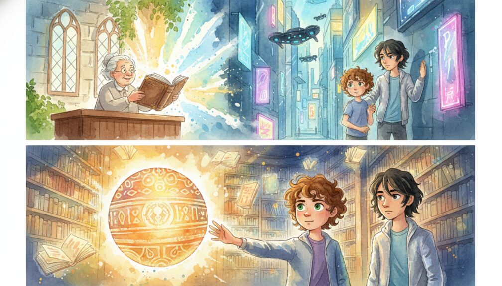 Ilustración en acuarela de un niño leyendo un libro mágico que emite una luz dorada en una biblioteca.