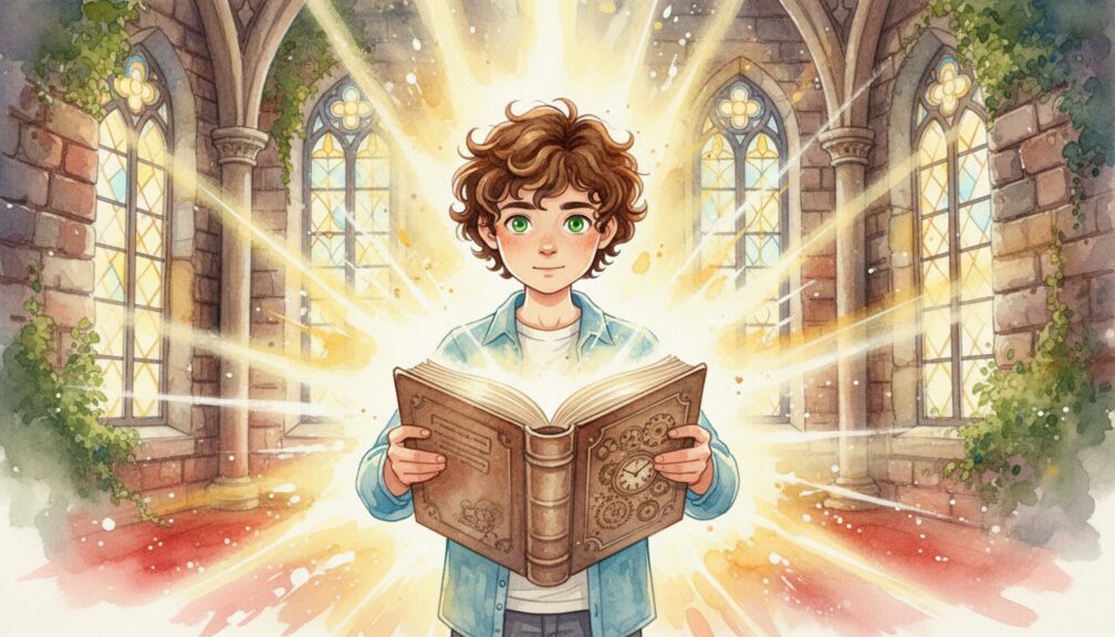 Dibujo en acuarela de un niño leyendo un libro mágico que emite una luz dorada en una biblioteca.