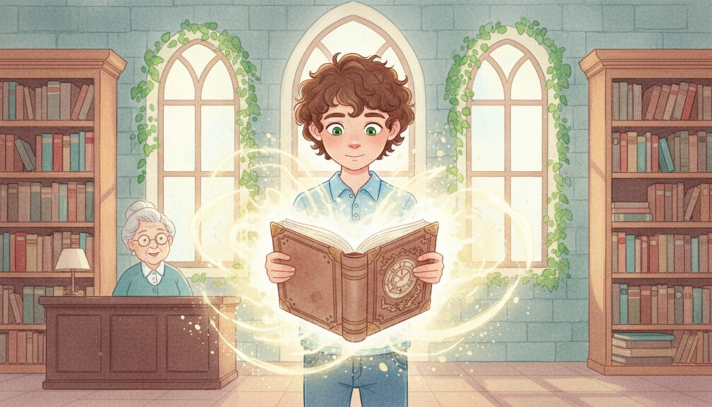 Ilustración infantil de un niño en una biblioteca leyendo un libro mágico junto a una bibliotecaria anciana.
