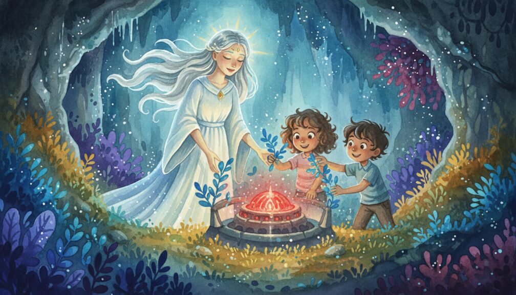 Dibujo en acuarela de niños junto a una figura luminosa en una cueva mágica con plantas brillantes y piedra energética.