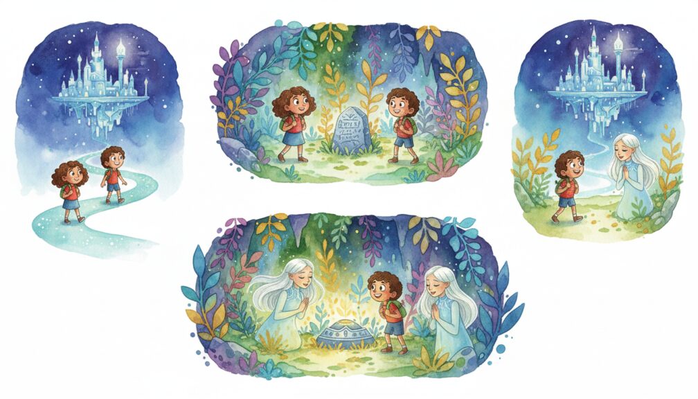 Niños descubren jardín mágico con ayuda de una figura luminosa en diferentes escenas narrativas en acuarela.