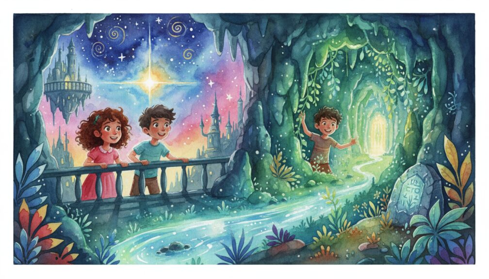 Dibujo en acuarela de niños cruzando un puente con castillos flotantes al fondo y entrada a una cueva mágica iluminada.