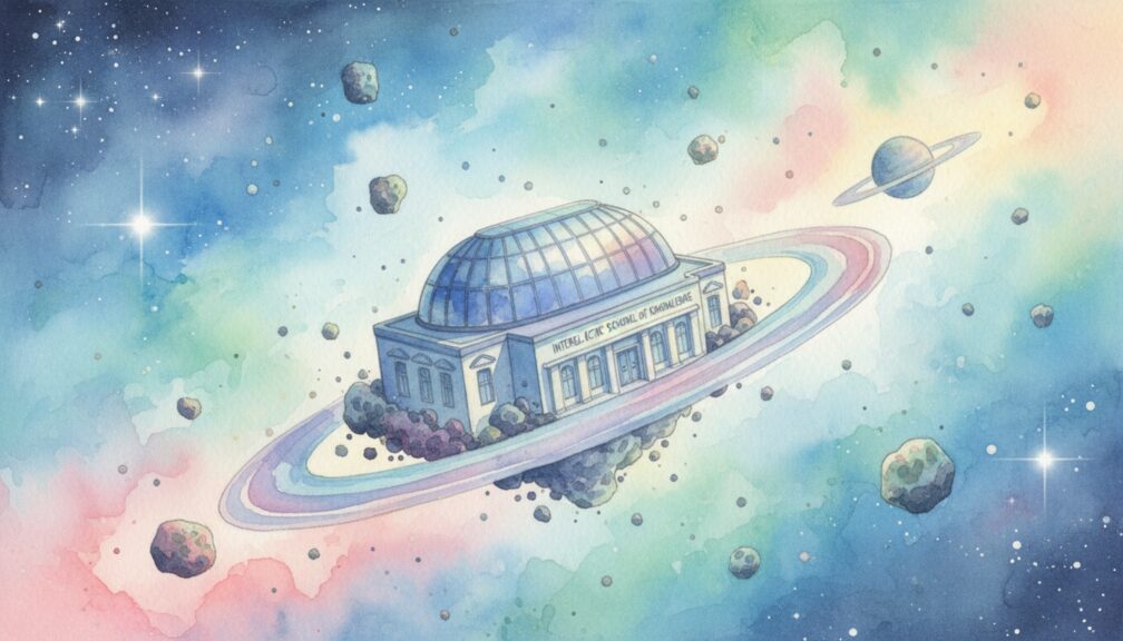 Edificio de escuela espacial con techo de cristal flotando entre asteroides y anillos planetarios, en acuarela.