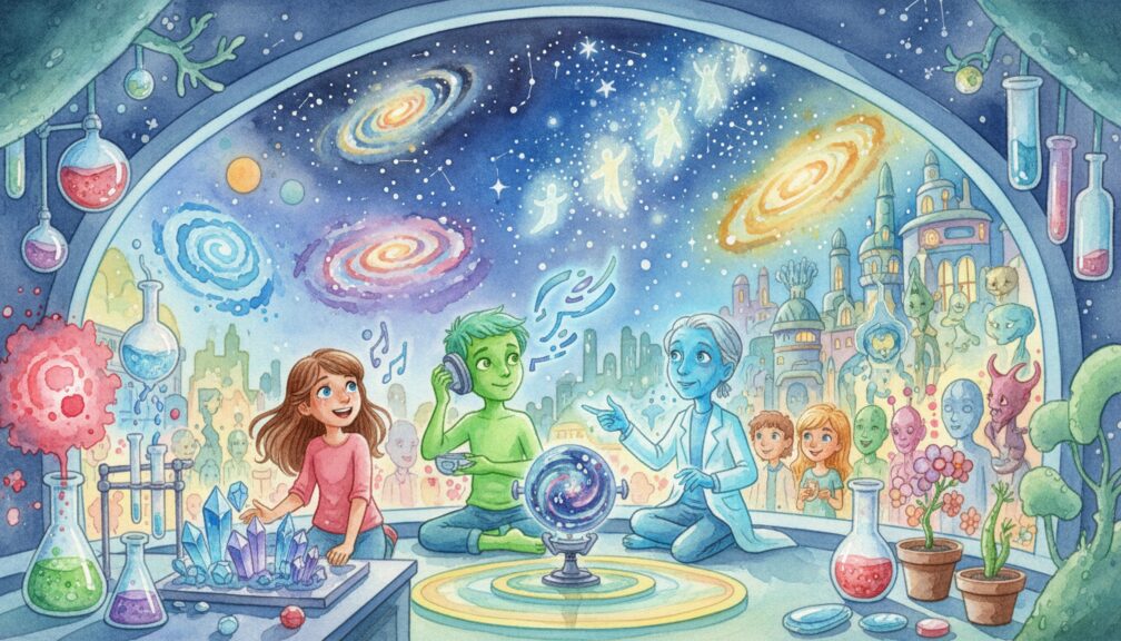 Niños extraterrestres y humanos trabajando con cristales y tubos de ensayo en un laboratorio interplanetario rodeado de galaxias.