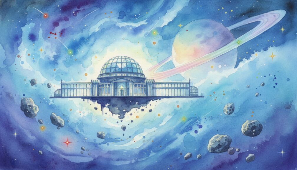 Edificio flotante con cúpula de cristal rodeado de nebulosas y el planeta Saturno al fondo, en estilo acuarela.