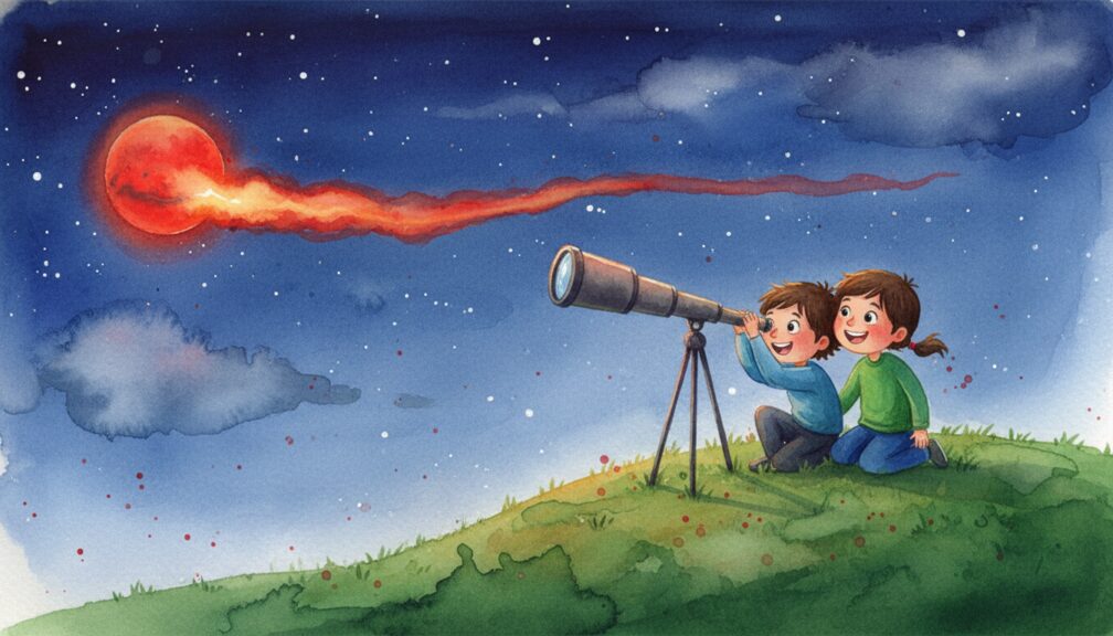 Ilustración en acuarela de dos niños observando Marte con un telescopio desde una colina durante la noche.
