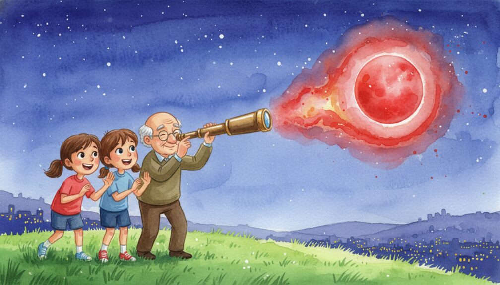 Ilustración infantil en acuarela de un abuelo y dos niños observando Marte con un telescopio bajo un cielo nocturno.