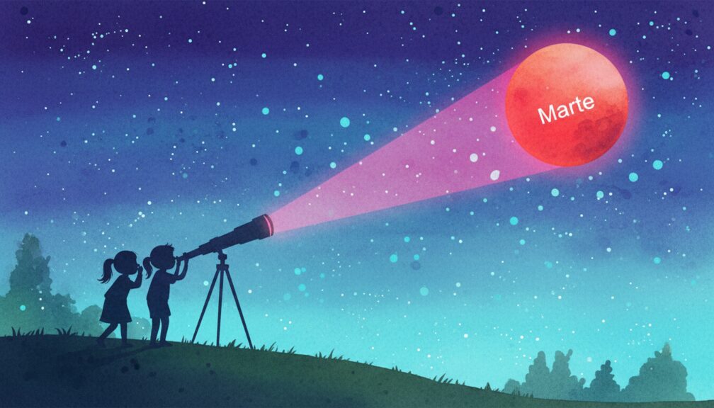 Ilustración en acuarela de niños señalando el planeta Marte con un telescopio bajo un cielo estrellado.
