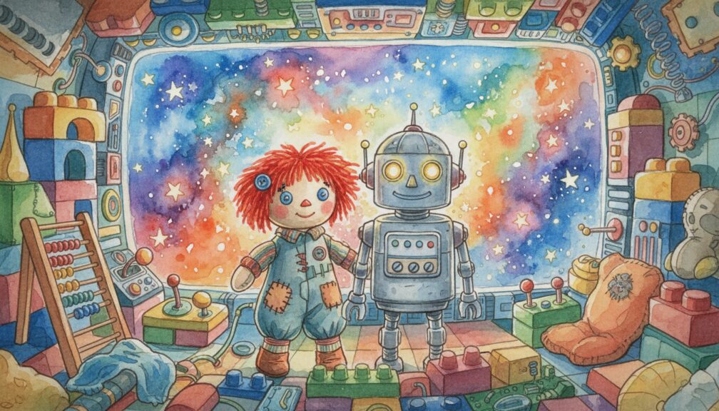 Muñeca de trapo y robot sonriente dentro de una nave espacial de juguetes en un cuento infantil.