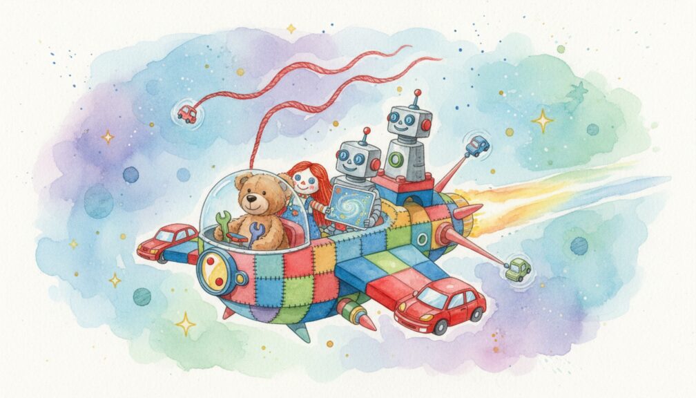 Juguetes viajando en una nave espacial de colores en un cuento infantil de ciencia ficción.