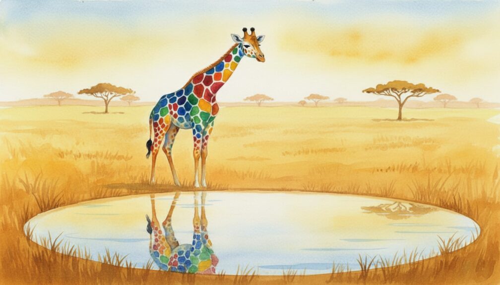 Jirafa multicolor reflejada en un lago tranquilo de la sabana con árboles africanos al fondo.