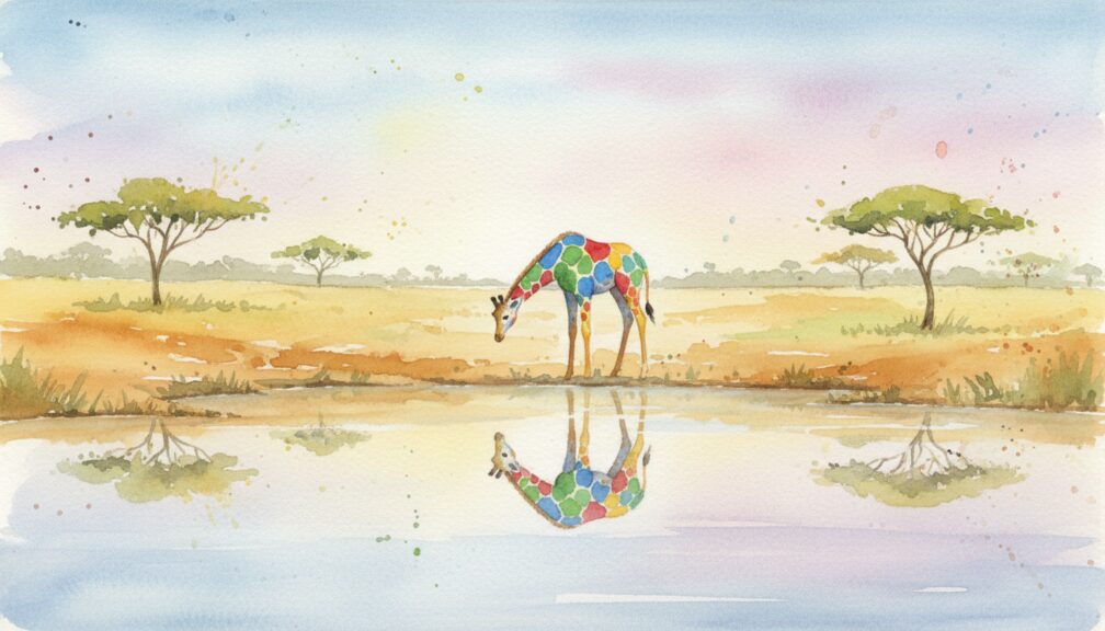 Jirafa de colores caminando sola por la llanura africana junto a una charca, rodeada de árboles dispersos.