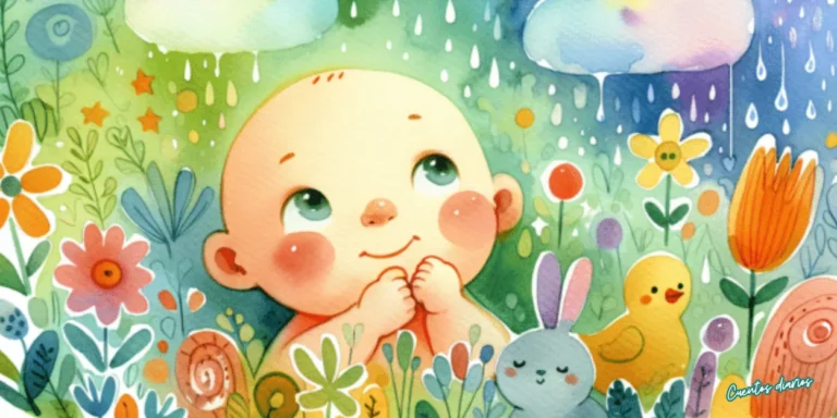 Dibujo en acuarela infantil de un bebé sonriendo en un jardín con flores, lluvia suave y animales tiernos que evocan curiosidad y descubrimiento.