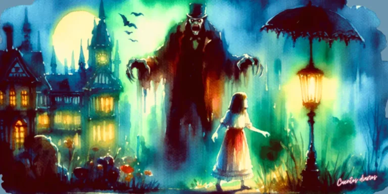 Dibujo en acuarela de niña frente a figura fantasmal en un hotel embrujado bajo la luna llena, escena de terror gótico para adolescentes y adultos.