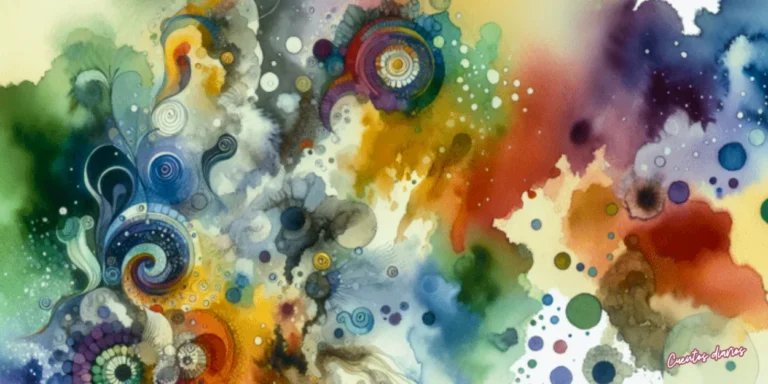 Ilustración en acuarela abstracta con espirales, manchas de colores y formas oníricas que representan la búsqueda del arco iris del patito dorado.