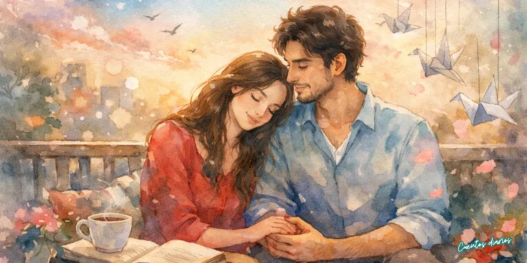 Dibujo en acuarela de una pareja enamorada compartiendo un silencio íntimo en un balcón al atardecer, con tonos suaves y atmósfera poética que representa un amor tranquilo y profundo.
