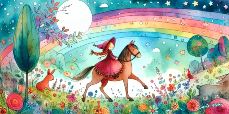 Ilustración en acuarela infantil con niña montando a caballo bajo un arco iris, rodeada de naturaleza y elementos mágicos del bosque.
