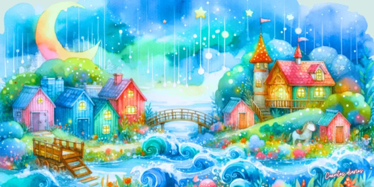 Dibujo en acuarela de un pueblo mágico junto al agua con casas de colores, puente y río bajo cielo estrellado, ideal para cuento infantil para dormir.